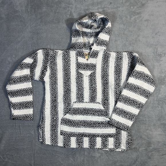Black Other - Baja Joe Black White Striped Mexican‎ Hoodie Pullover Baja Surf Poncho Size S